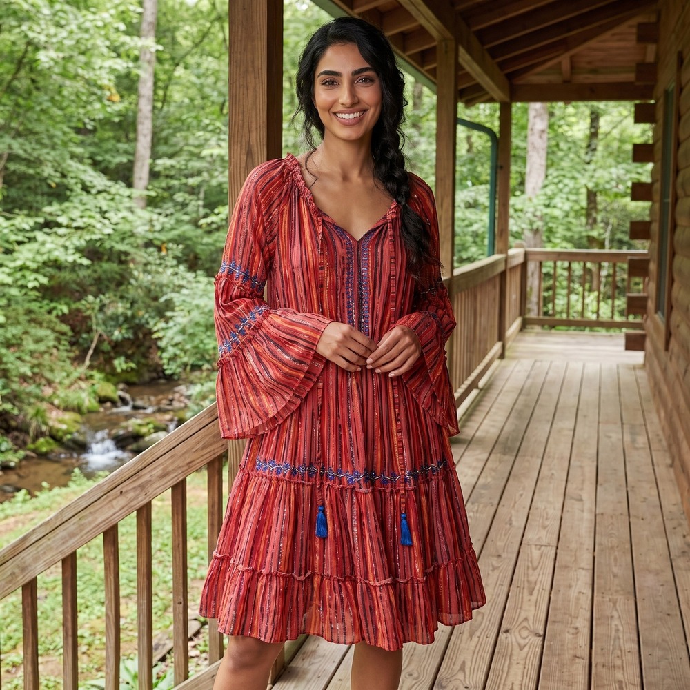 RAGA Bell Sleeve Mini Dress Women Small Orange Boho Embroidered Lurex Striped